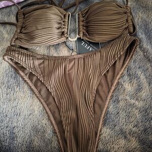 Zaful Brown Ruched Bandeau Bikini Set